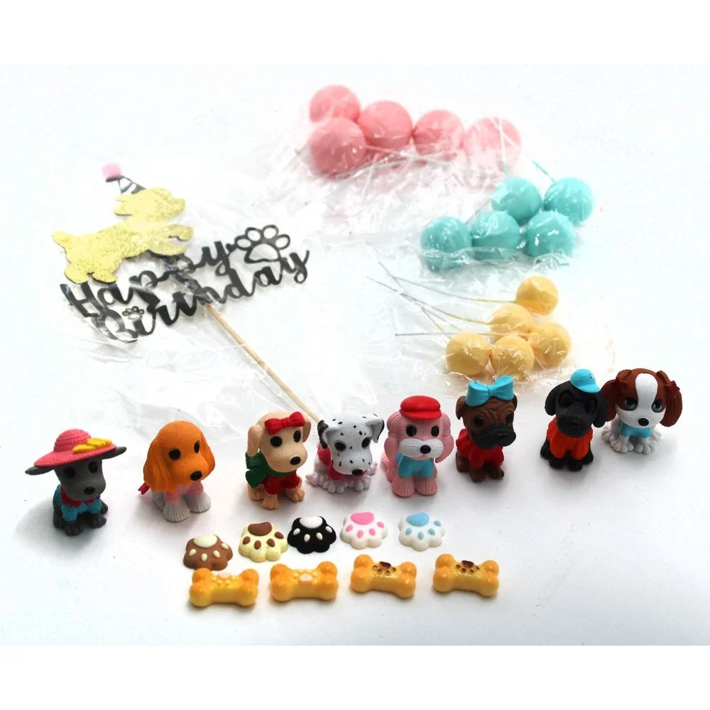Dog Birthday Cake Topper Set Puppy Figures Balloons Paw Prints Bones 26pc Kit